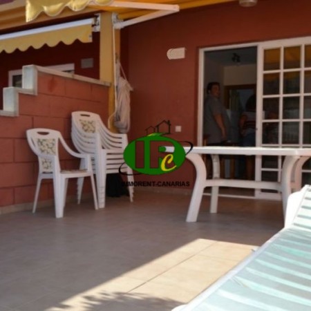Duplex Bungalow with 1 bedroom. Large terrace, tiled and closed. Seating, sun loungers, awning